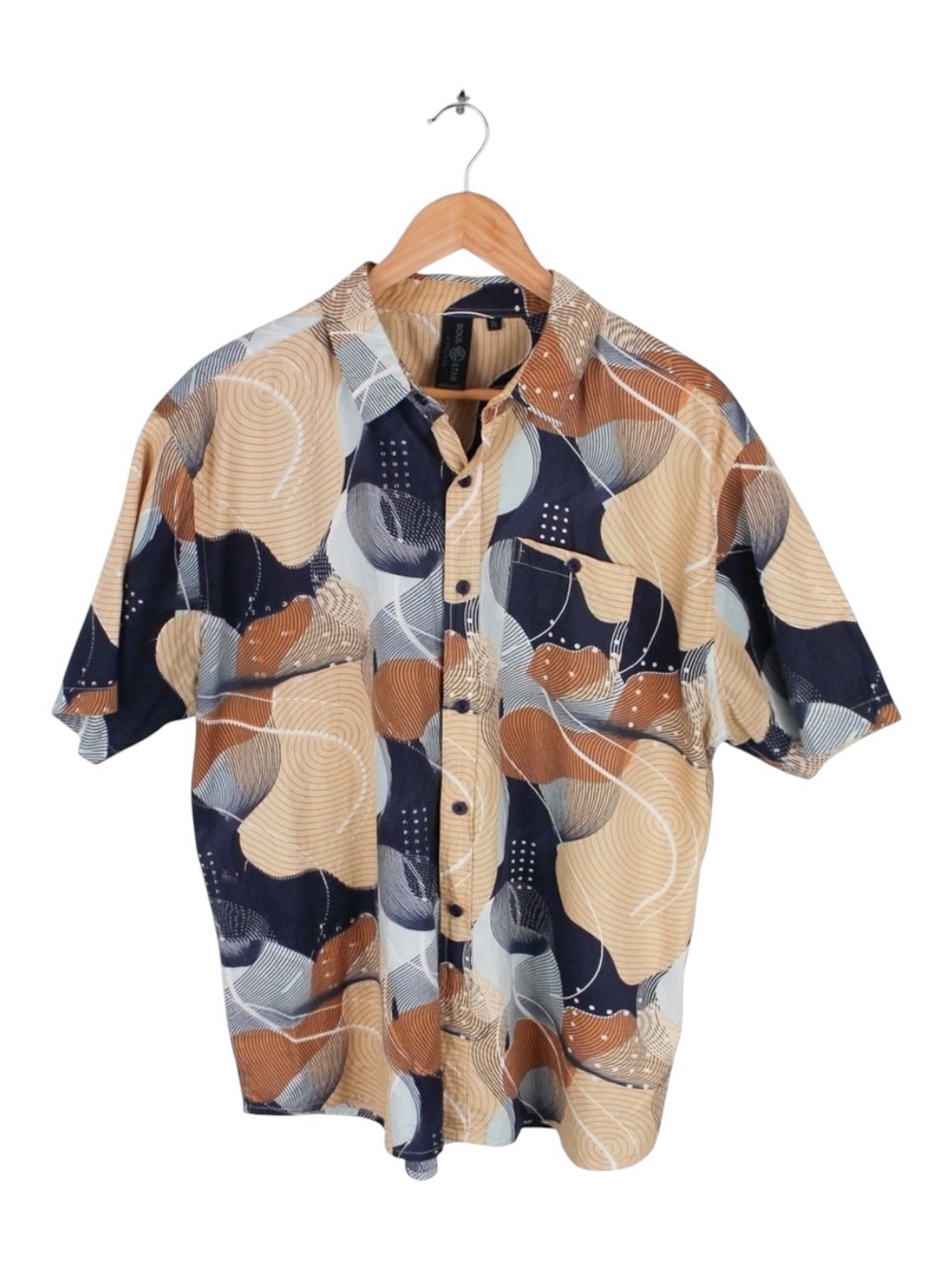 Soul Star Abstract Geometric Button Up Shirt Tan Blue Short Sleeve Mens XL
